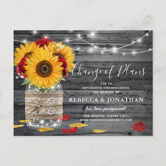 Rustic Sunflower Rose Wedding Change the Date Announcement Postcard (Front)