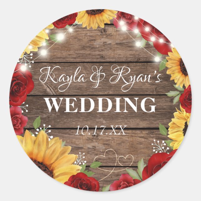 Rustic Sunflower Rose Wood Background Wedding Classic Round Sticker (Front)