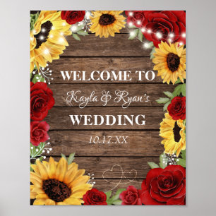 Rustic Sunflower Rose Wood Background Wedding Poster
