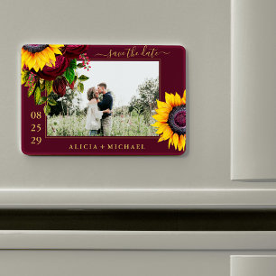 Rustic sunflower roses script save date wedding magnet