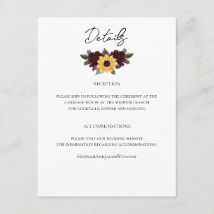 Rustic Sunflower Roses Wedding Details Enclosure Card