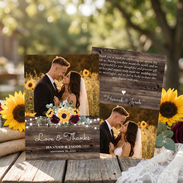 Rustic Sunflower Roses Wedding Thank You Card (Creator Uploaded)