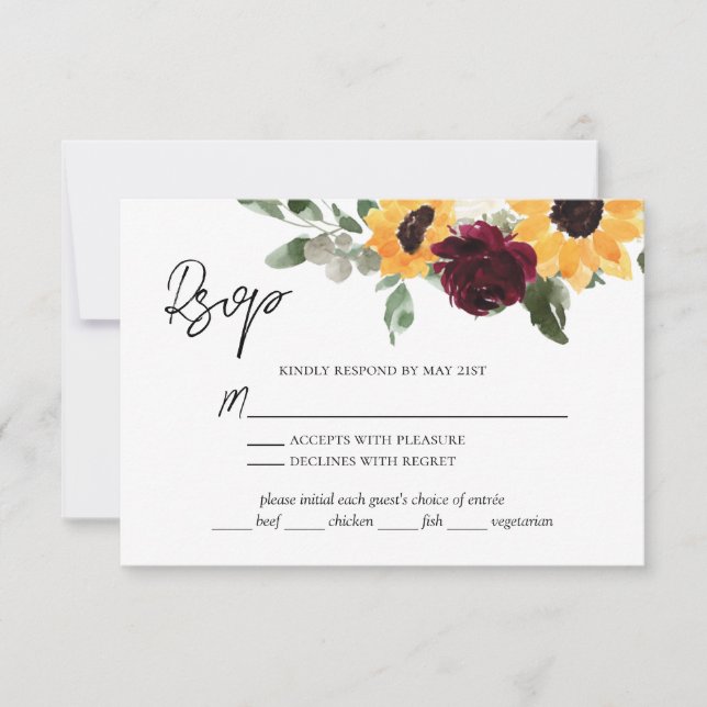 Rustic Sunflower Roses Wedding With Meal Choice RSVP Card (Front)