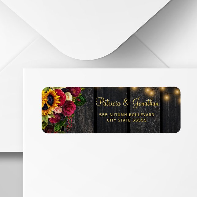Rustic sunflower roses wedding wood return address label (Creator Uploaded)