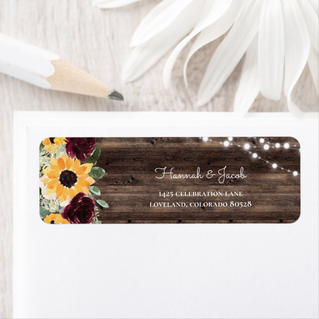 Rustic Sunflower Roses Wood Wedding Return Address Label (Insitu)