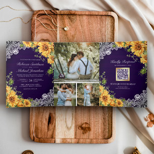 Rustic Sunflower Royal Purple Wood QR Code Wedding Tri-Fold Invitation