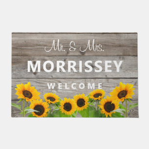 Rustic Sunflower Script Last Name Welcome Doormat
