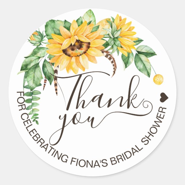 Rustic Sunflower Script Thank You Bridal Shower Classic Round Sticker (Front)