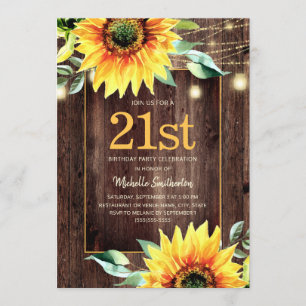 Rustic Sunflower String Light 21st Birthday Invitation