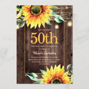 Rustic Sunflower String Light 50th Birthday Invitation