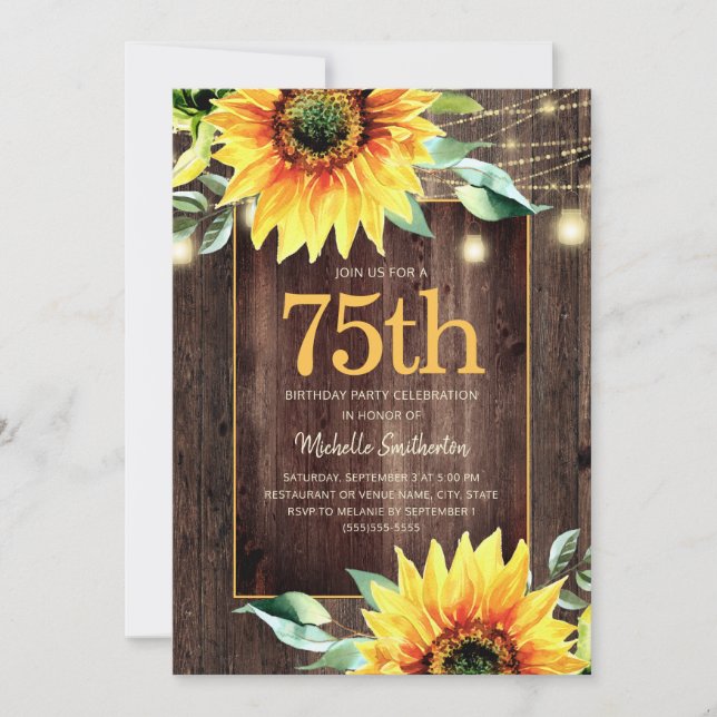 Rustic Sunflower String Light 75th Birthday Invitation (Front)