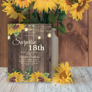Rustic Sunflower String Light Surprise 18th Invitation
