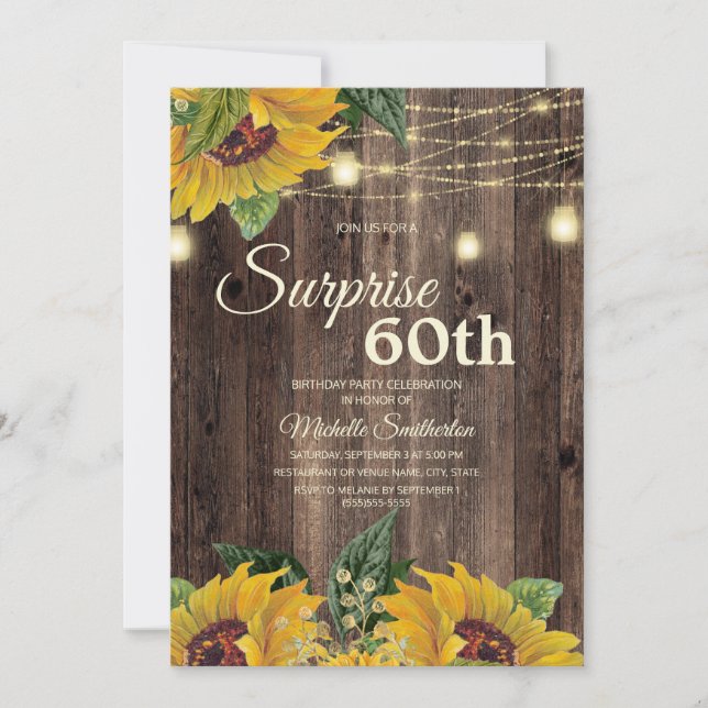 Rustic Sunflower String Light Surprise 60th Invitation (Front)