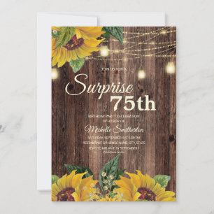 Rustic Sunflower String Light Surprise 75th Invitation