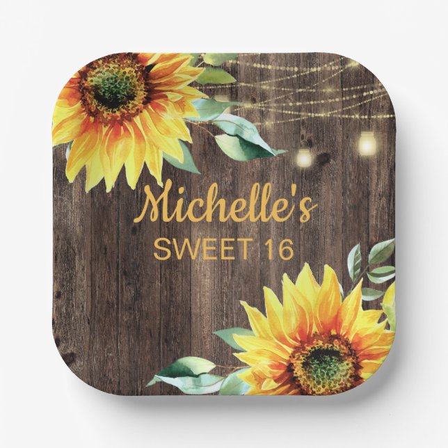 Rustic Sunflower String Light Sweet 16 Birthday Paper Plate (Front)