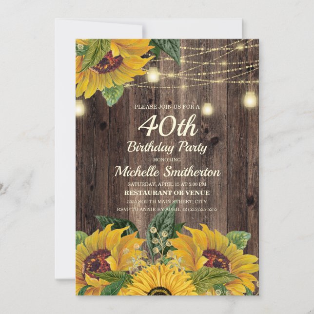 Rustic Sunflower String Lights 40th Birthday Invitation (Front)