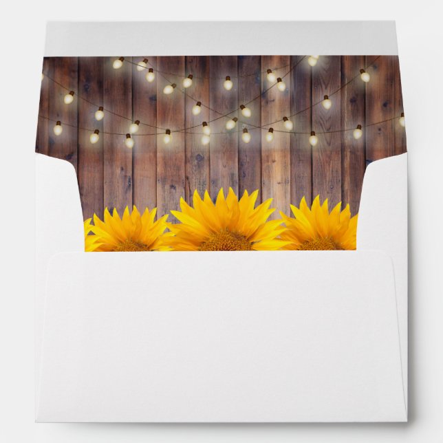 Rustic Sunflower String Lights Barn Wood Wedding Envelopes (Back (Bottom))