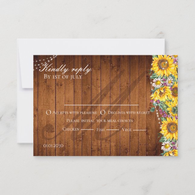 Rustic sunflower string lights barn wood Wedding RSVP Card (Front)