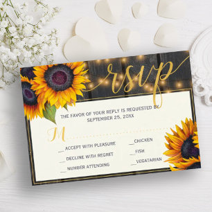 Rustic sunflower string lights barn wood wedding RSVP card