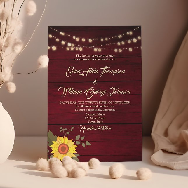 Rustic Sunflower String Lights Burgundy Wedding Invitation (Creator Uploaded)