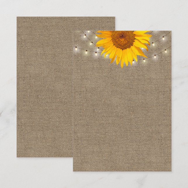 Rustic Sunflower & String Lights Burlap Background Invitation (Front/Back)