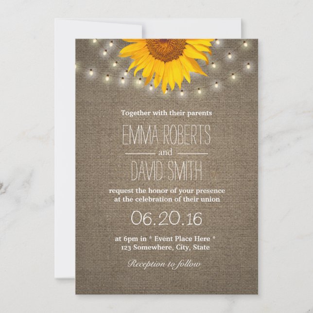 Rustic Sunflower & String Lights Burlap Wedding Invitation (Front)