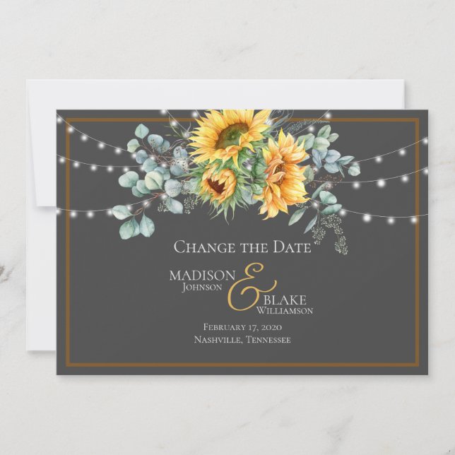 Rustic Sunflower String Lights Change the Date Save The Date (Front)
