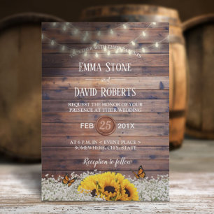 Rustic Sunflower & String Lights Country Wedding Invitation