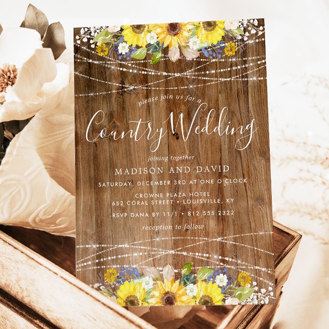 Rustic Sunflower String Lights Country Wedding Invitation (Creator Uploaded)