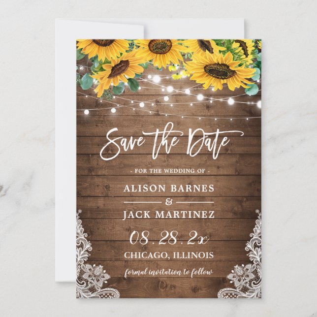 Rustic Sunflower String Lights Country Wedding Save The Date (Front)