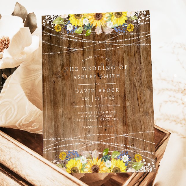 Rustic Sunflower String Lights Floral Wedding Invitation (Creator Uploaded)