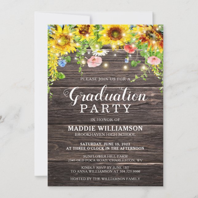 Rustic Sunflower String Lights Graduation  Invitation (Front)