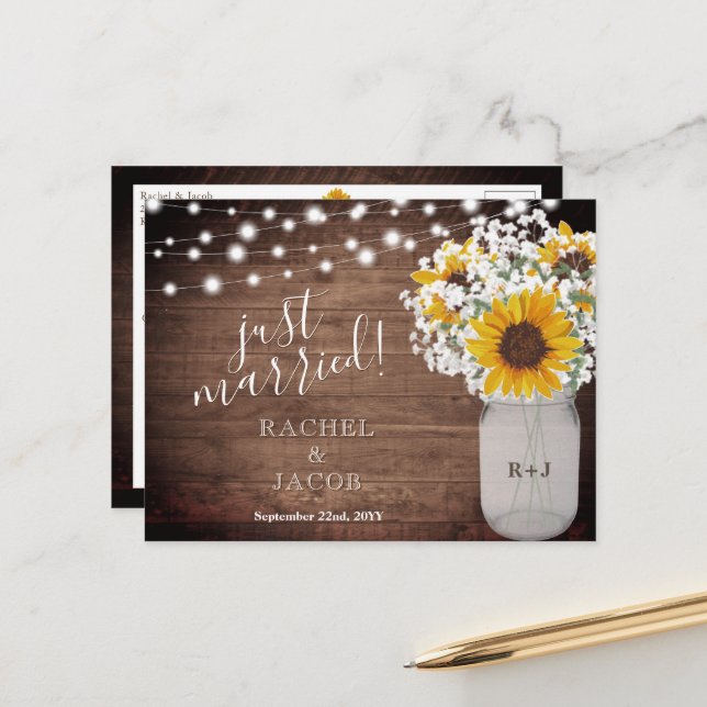Rustic Sunflower String Lights Just Married Postcard (Front/Back In Situ)