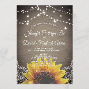 Rustic Sunflower String Lights Lace Barn Wedding Invitation