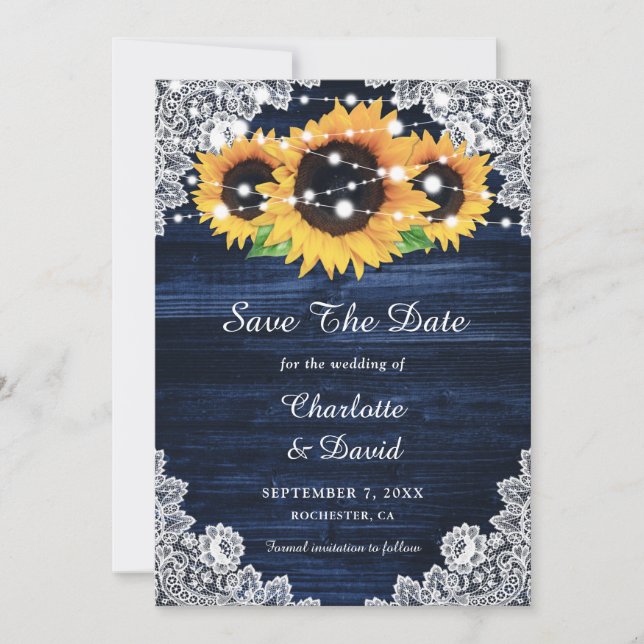 Rustic Sunflower String Lights Lace Wood Navy Blue Save The Date (Front)
