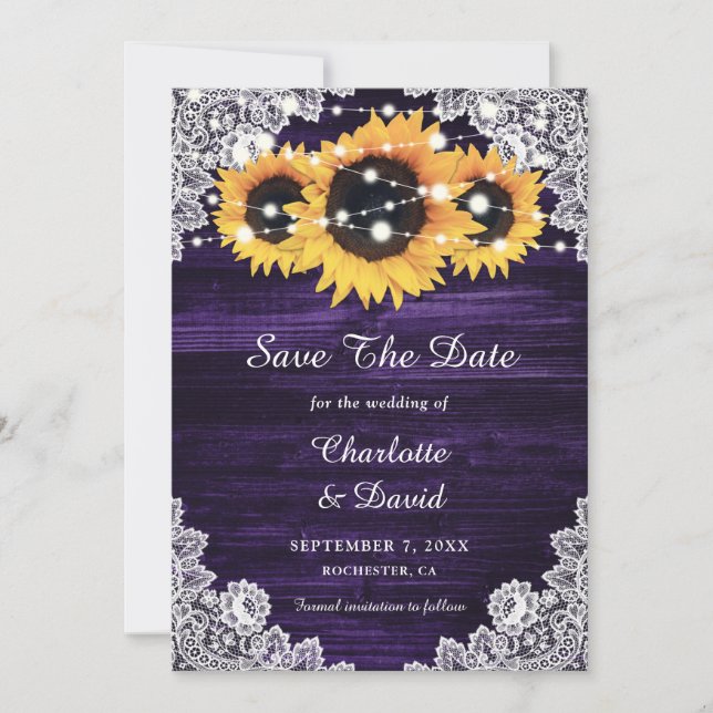 Rustic Sunflower String Lights Lace Wood Purple Save The Date (Front)