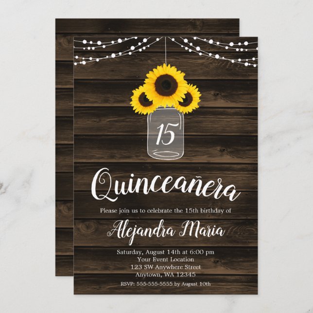 Rustic Sunflower String Lights Quinceanera Invites (Front/Back)