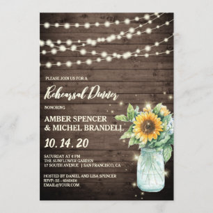 Rustic Sunflower String Lights Rehearsal Dinner Invitation