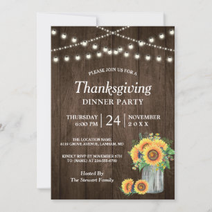 Rustic Sunflower String Lights Thanksgiving Dinner Invitation
