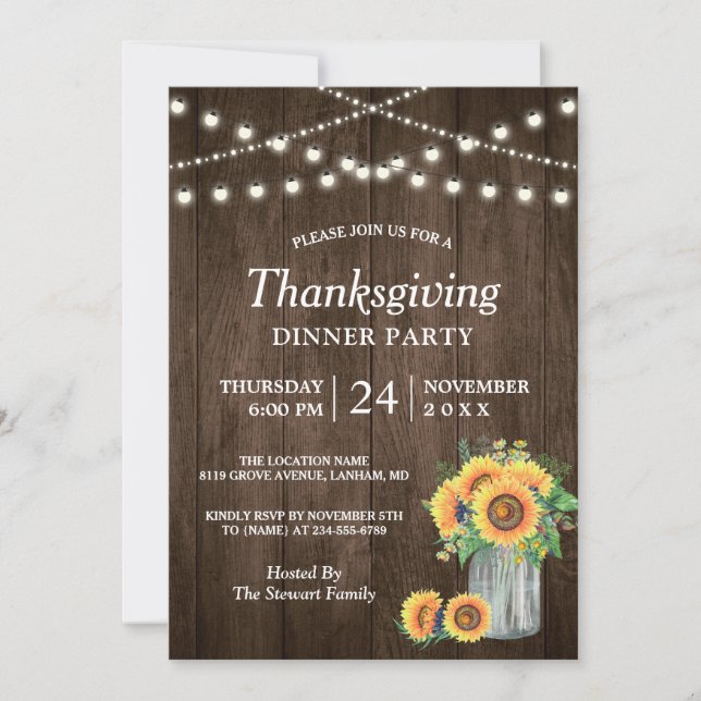 Rustic Sunflower String Lights Thanksgiving Dinner Invitation (Front)