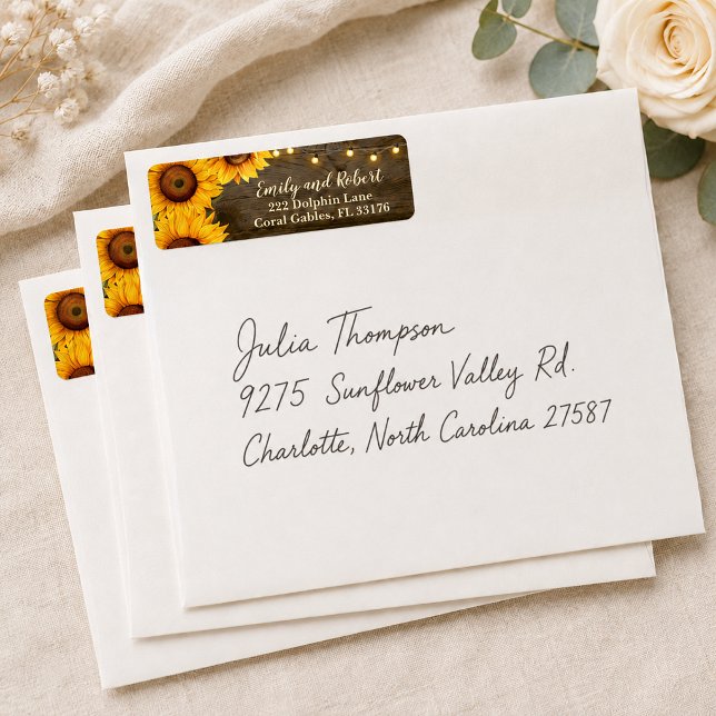 Rustic Sunflower String Lights Wedding Address Return Address Label (Rustic Sunflower Wedding Envelope return address label)