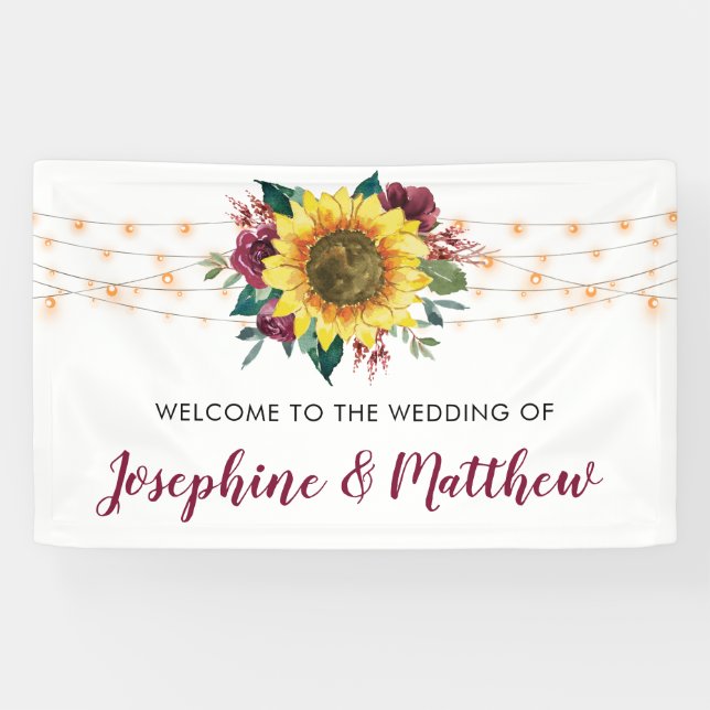 Rustic Sunflower String Lights Wedding Banner (Horizontal)