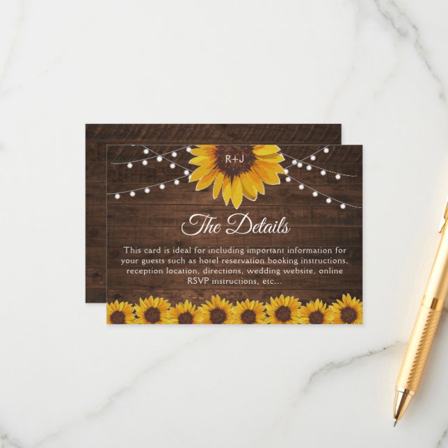 Rustic Sunflower String Lights Wedding Details Enclosure Card (Front/Back In Situ)