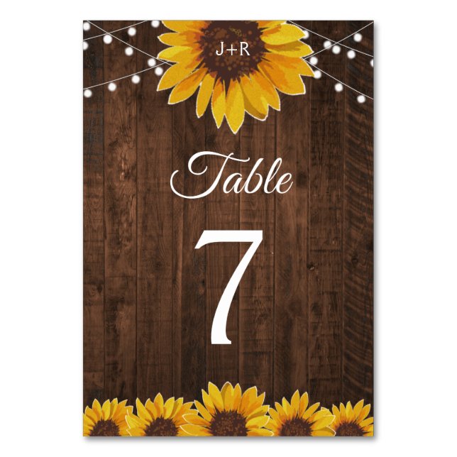 Rustic Sunflower String Lights Wedding Table Number (Front)