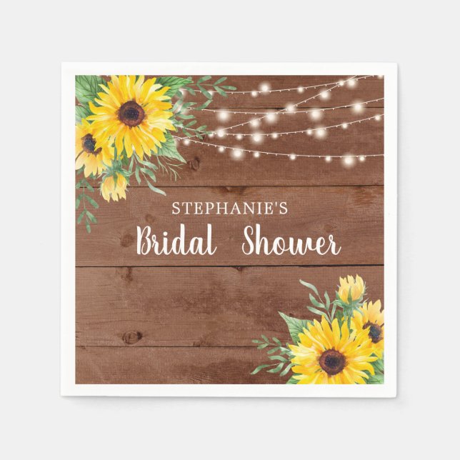 Rustic Sunflower String Lights Wood Bridal Shower Napkin (Front)