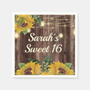 Rustic Sunflower String Lights Wood Sweet 16 Napkin