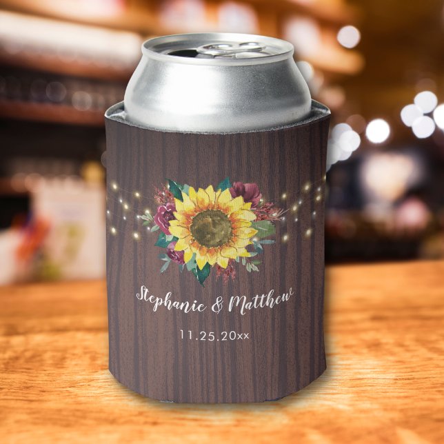 Rustic Sunflower String Lights Wood Wedding Can Cooler (Creator Uploaded)