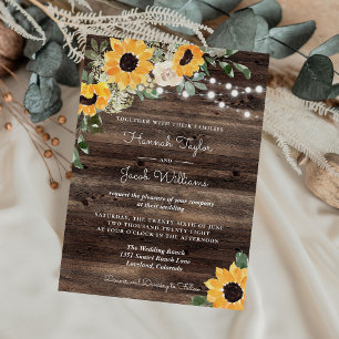 Rustic Sunflower String Lights Wood Wedding Invitation