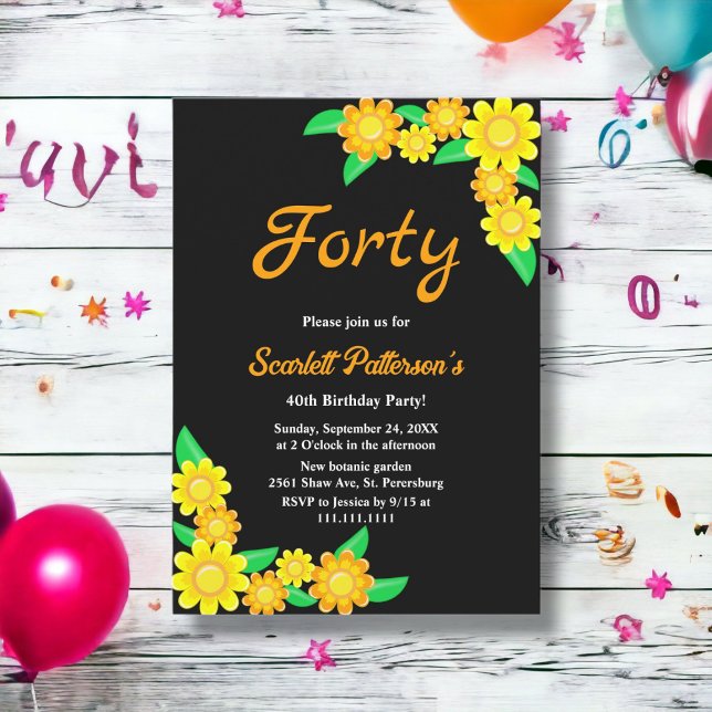 Rustic Sunflower Summer Black Floral 40th Birthday Invitation (Creator Uploaded)