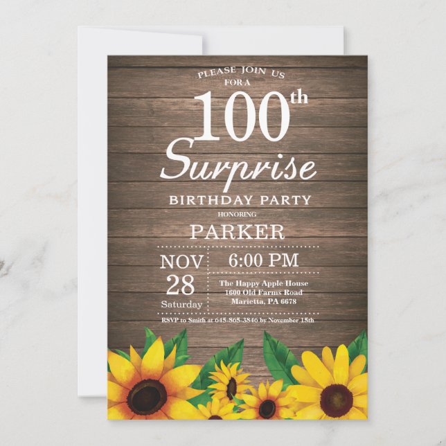 Rustic Sunflower Surprise 100th Birthday Invitation (Front)